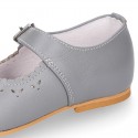 Classic Nappa leather little Mary Janes with chopped flower design.