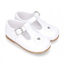 HEART design kids OKAA little T-bar shoes with buckle fastening in soft leather.