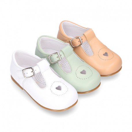 HEART design kids OKAA little T-bar shoes with buckle fastening in soft leather.