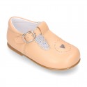 HEART design kids OKAA little T-bar shoes with buckle fastening in soft leather.