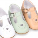 HEART design kids OKAA little T-bar shoes with buckle fastening in soft leather.