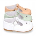 HEART design kids OKAA little T-bar shoes with buckle fastening in soft leather.