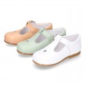 HEART design kids OKAA little T-bar shoes with buckle fastening in soft leather.