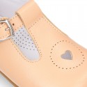 HEART design kids OKAA little T-bar shoes with buckle fastening in soft leather.