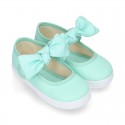 MINT Cotton canvas Little Mary Janes with hook and loop strap and bow.