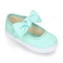 MINT Cotton canvas Little Mary Janes with hook and loop strap and bow.