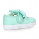 MINT Cotton canvas Little Mary Janes with hook and loop strap and bow.