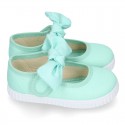 MINT Cotton canvas Little Mary Janes with hook and loop strap and bow.