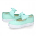 MINT Cotton canvas Little Mary Janes with hook and loop strap and bow.