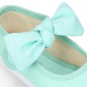 MINT Cotton canvas Little Mary Janes with hook and loop strap and bow.