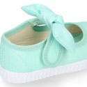 MINT Cotton canvas Little Mary Janes with hook and loop strap and bow.