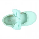 MINT Cotton canvas Little Mary Janes with hook and loop strap and bow.