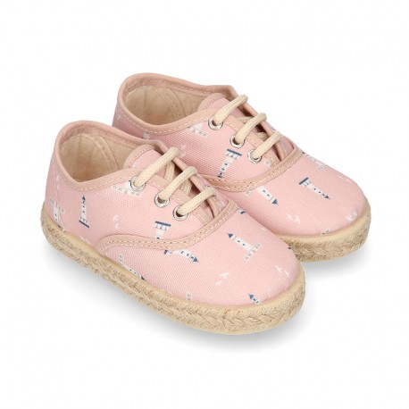 Kids LIGHTHOUSE print Cotton canvas laces up shoes Espadrille style design.