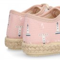 Kids LIGHTHOUSE print Cotton canvas laces up shoes Espadrille style design.