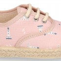 Kids LIGHTHOUSE print Cotton canvas laces up shoes Espadrille style design.