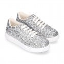 GLITTER with metal leather OKAA kids tennis shoes with laces.