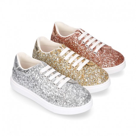 GLITTER with metal leather OKAA kids tennis shoes with laces.