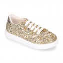 GLITTER with metal leather OKAA kids tennis shoes with laces.