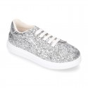 GLITTER with metal leather OKAA kids tennis shoes with laces.