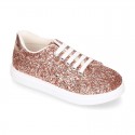 GLITTER with metal leather OKAA kids tennis shoes with laces.