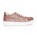 GLITTER with metal leather OKAA kids tennis shoes with laces.