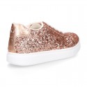 GLITTER with metal leather OKAA kids tennis shoes with laces.