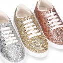 GLITTER with metal leather OKAA kids tennis shoes with laces.