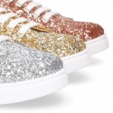 GLITTER with metal leather OKAA kids tennis shoes with laces.