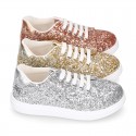 GLITTER with metal leather OKAA kids tennis shoes with laces.