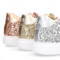 GLITTER with metal leather OKAA kids tennis shoes with laces.