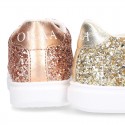 GLITTER with metal leather OKAA kids tennis shoes with laces.