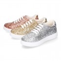 GLITTER with metal leather OKAA kids tennis shoes with laces.