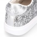 GLITTER with metal leather OKAA kids tennis shoes with laces.