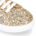 GLITTER with metal leather OKAA kids tennis shoes with laces.