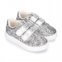 GLITTER with metal leather OKAA kids tennis shoes laceless.