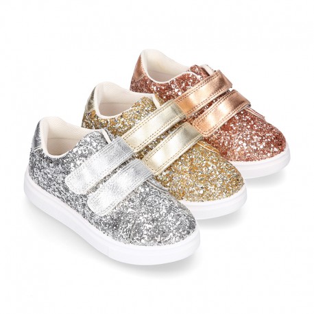 GLITTER with metal leather OKAA kids tennis shoes laceless.