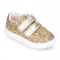 GLITTER with metal leather OKAA kids tennis shoes laceless.