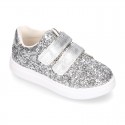 GLITTER with metal leather OKAA kids tennis shoes laceless.