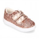 GLITTER with metal leather OKAA kids tennis shoes laceless.