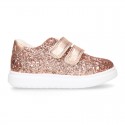 GLITTER with metal leather OKAA kids tennis shoes laceless.