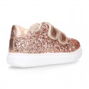 GLITTER with metal leather OKAA kids tennis shoes laceless.