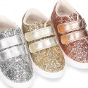 GLITTER with metal leather OKAA kids tennis shoes laceless.