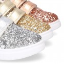 GLITTER with metal leather OKAA kids tennis shoes laceless.