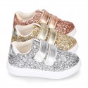 GLITTER with metal leather OKAA kids tennis shoes laceless.