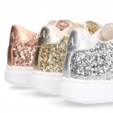 GLITTER with metal leather OKAA kids tennis shoes laceless.