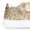 GLITTER with metal leather OKAA kids tennis shoes laceless.