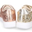 GLITTER with metal leather OKAA kids tennis shoes laceless.