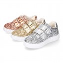 GLITTER with metal leather OKAA kids tennis shoes laceless.