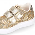 GLITTER with metal leather OKAA kids tennis shoes laceless.