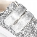 GLITTER with metal leather OKAA kids tennis shoes laceless.